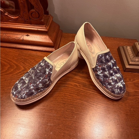 Tod's Cream Leather Silver Sequin Embellished Espadrille Loafers Size 37/7 - Picture 5 of 15